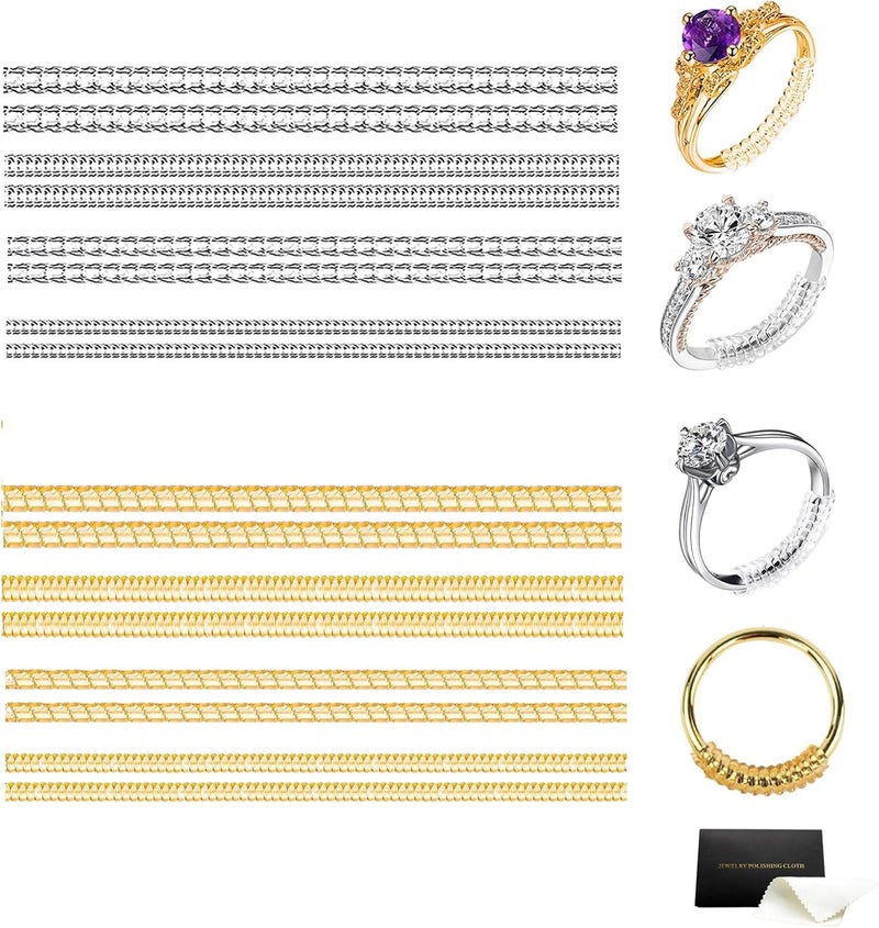 WGLILO Store Ring Sizer Adjuster for Loose Rings,16 Pack 4 Size for Different Band Widths, Invisible Guards for Women & Men, Spiral Silicone Tightener Set with Polishing Cloth(Gold & Clear) - Image 1